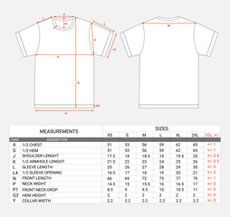 Shorts sleeve t shirt with measurements chart details vector illustration