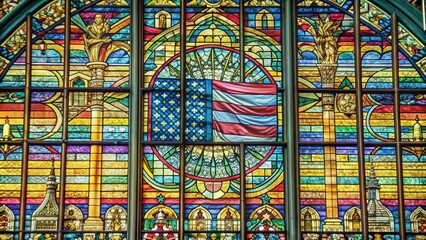 American Flag Stained Glass Window - A stained glass window depicting an American flag with intricate details and vibrant colors. The flag is centered in the window and surrounded by various religious