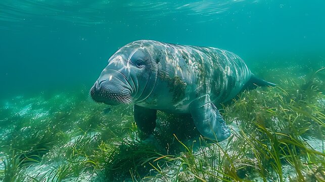 Gentle dugong grazing on seagrass meadow, clear waters 