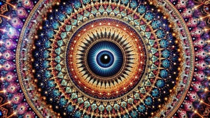 Fototapeta premium Cosmic Eye Mandala: A Psychedelic Journey into the Universe - This mesmerizing image features a vibrant, multi-colored mandala with an all-seeing eye at its center, symbolizing spiritual awakening, wi