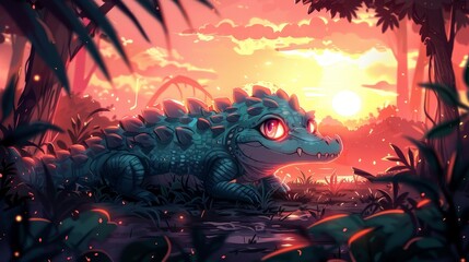 Fototapeta premium Cute Crocodile Watching Sunset