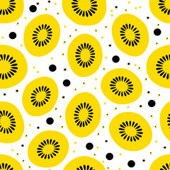 A seamless pattern featuring yellow kiwi slices with black seeds on a white background, with small yellow and black dots for added texture and visual interest.