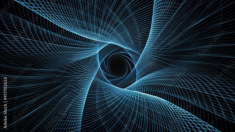 Poster abstract blue lines spiral into black hole - abstract image of a blue spiral with lines of code swir