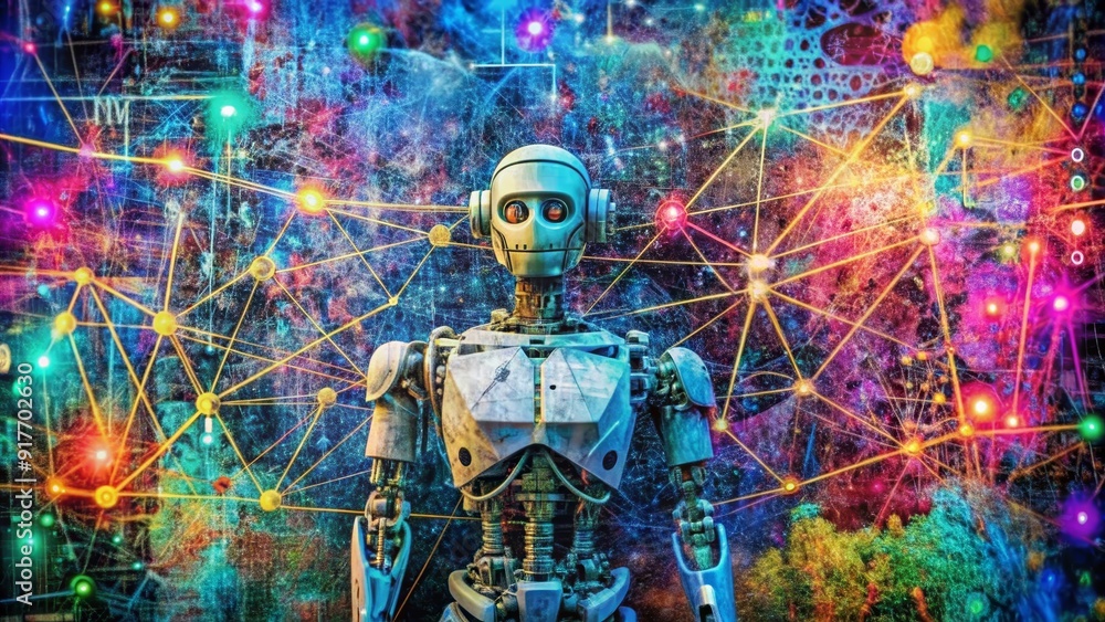 Poster robot connected to the network: a futuristic vision of ai - a robot stands before a network of glowi