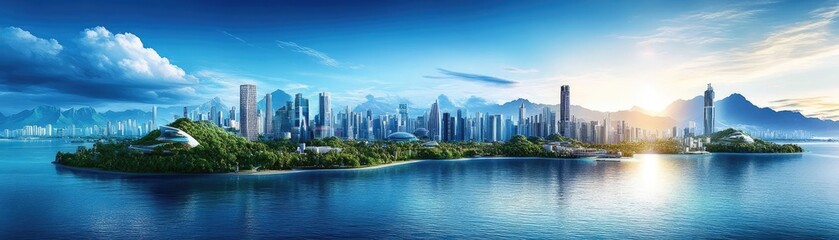 Fototapeta premium A stunning panoramic view of a modern city skyline with natural landscapes and a sunrise reflecting on the water.