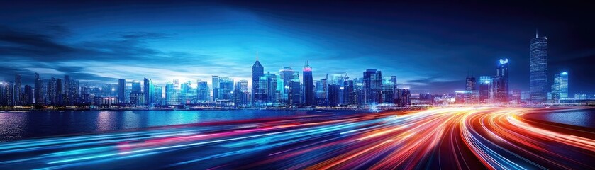 Fototapeta premium Vibrant city skyline at night with dazzling lights and dynamic traffic motion, showcasing modern urban life and energy.