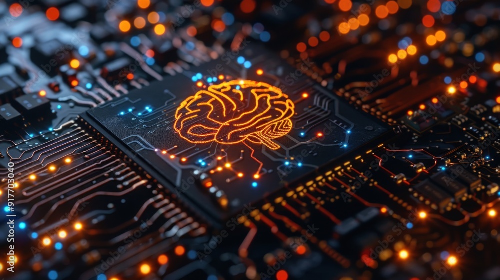 Poster a glowing brain symbol on a circuit board, representing artificial intelligence.