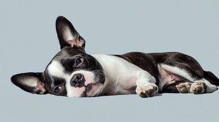 A cheerful Boston Terrier lying comfortably, isolated on a transparent background, ideal for advertising pet care products.