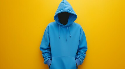 A blue hoodie against a yellow backdrop