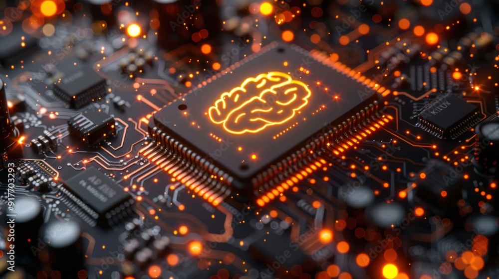 Poster a glowing brain symbol on a circuit board, representing artificial intelligence.