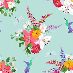 Seamless vector illustration with lupines, lily, chrysanthemum, hummingbirds and dragonflies on a blue background. To decorate textiles, packaging.