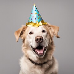 Dog Celebrating with a Party Hat on a Pastel Background with Copy Space