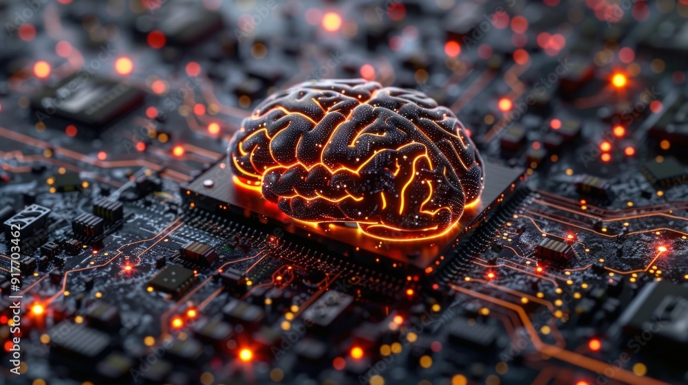 Aufkleber a 3d rendering of a glowing brain on a circuit board.