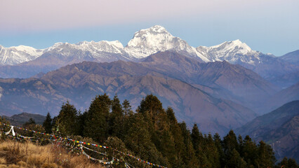 Himalayas. The 8,000 m Dhaulagiri mountain at sunrise and Buddhist prayer flags