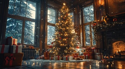 A decorated Christmas tree stands in a warmly lit room surrounded by presents and a fireplace with snow falling outside the windows