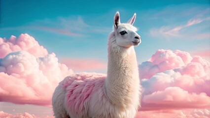 Fototapeta premium Fluffy Llama in a Dreamy Pink Sky - A white llama with pink fur stands against a background of fluffy pink and blue clouds, symbolizing peace, tranquility, and whimsical dreams.