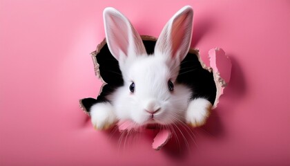 Fototapeta premium 壁の穴から覗いている白いウサギ（white rabbit peeking through a hole in the wall） 