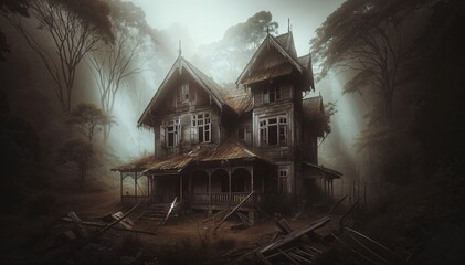 Abandoned old wooden house in a rural Polish village surrounded by nature and overgrown g