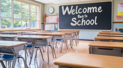 Organized Classroom with Welcome Back to School Chalkboard