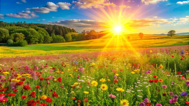 Sunlit Meadow with Blooming Wildflowers - A vibrant meadow bathed in the golden glow of a setting sun, with colorful wildflowers, lush green grass, and a distant forest.  This image symbolizes the bea