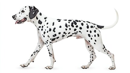 A confident Dalmatian dog captured mid-walk, isolated on a white background, showcasing its elegance and athletic build.