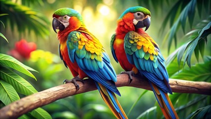 Obraz premium Vibrant Macaws Perched on a Branch in a Lush Tropical Forest - Two colorful macaws perched on a branch in a tropical forest, symbolizing vibrant life, exotic beauty, tropical paradise, and the beauty 