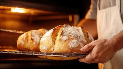 Baker pulling fresh bread from the oven, warm light, medium shot, rustic kitchen