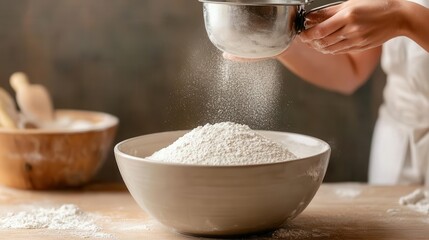 Fototapeta premium Baker sifting flour over mixing bowl, closeup, soft light, rustic kitchen v2