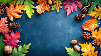 A vibrant autumn arrangement featuring colorful fall leaves, nuts, and pine cones. The composition captures the essence of the season's rich textures and warm hues, evoking a sense of coziness and nat