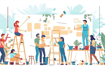 Cartoon Illustration of a Creative Team Painting Walls and Setting Up Furniture