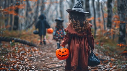 Kids in spooky costumes exploring a haunted trail for Halloween treats