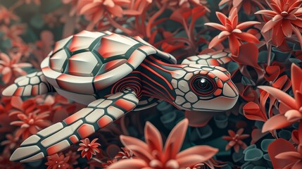Sea Turtle in a Floral World