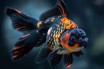 Colorful goldfish with black and orange scales swims in a clear blue water tank.