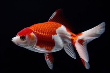 Red and white goldfish swimming against black background.