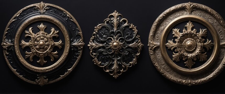 Elegant decorative medallion with detailed gold design on a black background