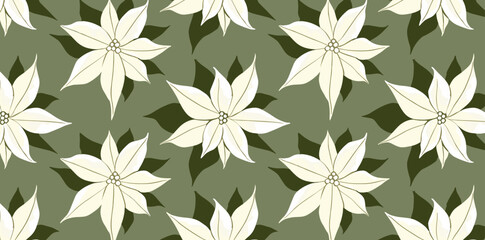 Fototapeta premium Seamless pattern of white poinsettia flowers on a green background, perfect for festive designs.