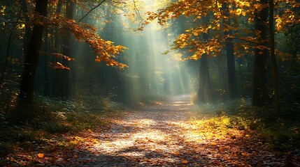 Obraz premium A peaceful forest path covered in fallen leaves, with sunlight filtering through the branches and space for a quote