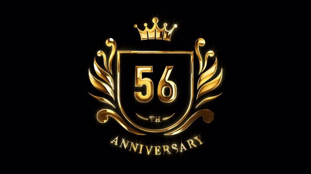56th Anniversary Celebration. Happy 56 Years Anniversary Animation in Gold Color on the Transparent Background, Alpha Channel. Great for greetings, celebrations, events, and gifts.
