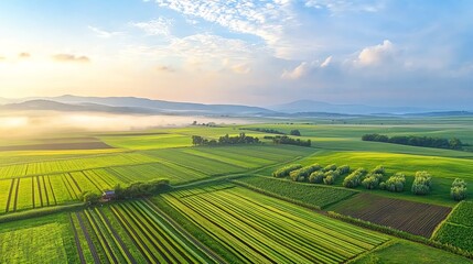 Aerial view of lush green farmland under a bright sky, showcasing beautiful patterns and serene landscape at dawn.