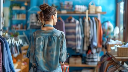 Fototapeta premium A detailed image of a woman in a vintage store, wearing colorful and quirky clothing, admiring the unique items and holding a mix of eclectic shopping bags. The store features retro decor,