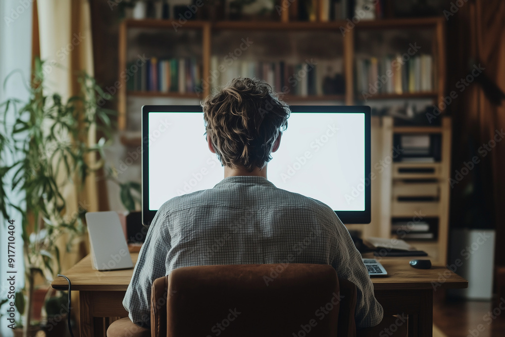 Poster man is sitting at a desk with a computer monitor in front of him. the room is filled with bookshelve
