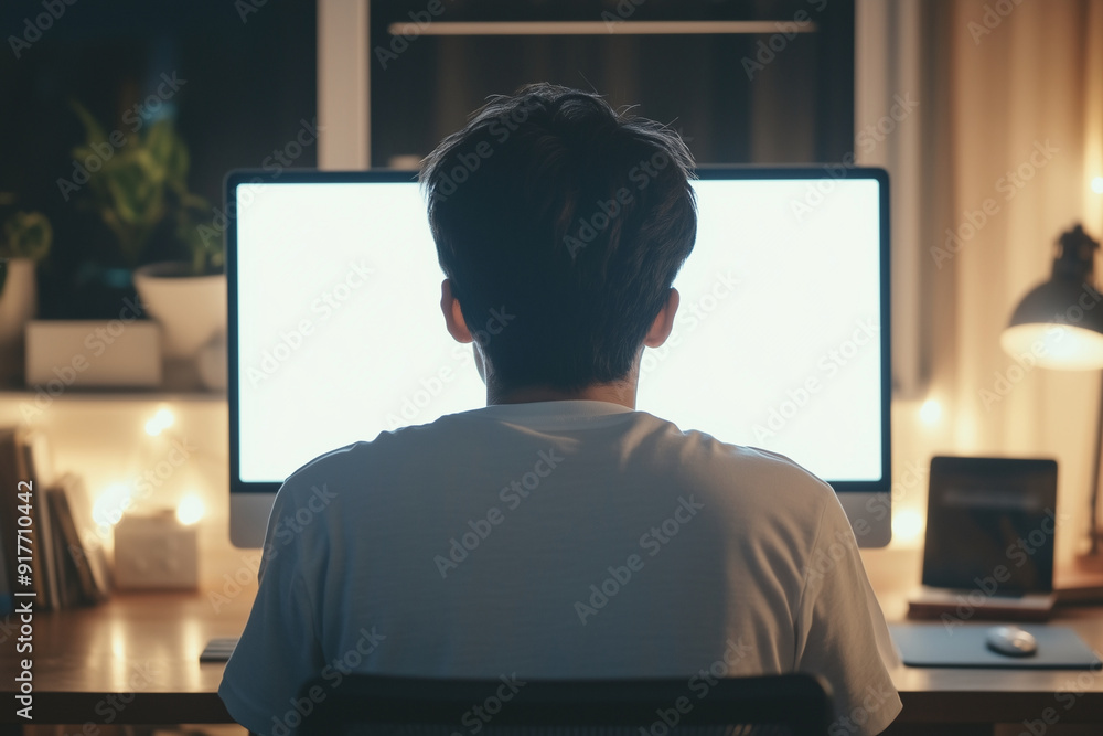 Aufkleber man is sitting in front of a computer monitor with a blank screen. the room is dimly lit, and there 