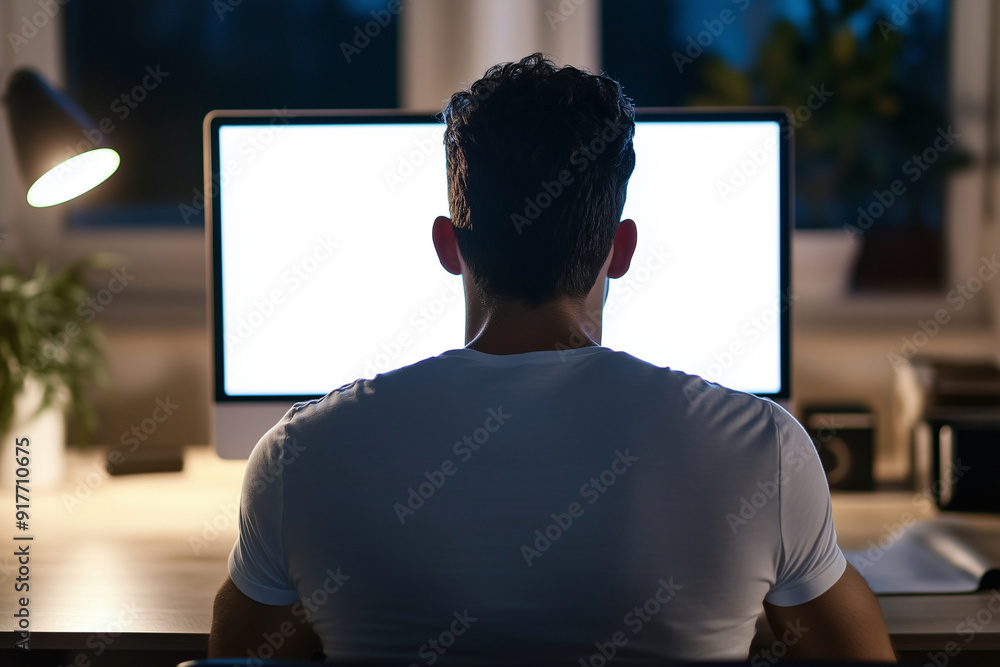 Poster man is sitting in front of a computer monitor with a blank screen. the room is dimly lit, and there 