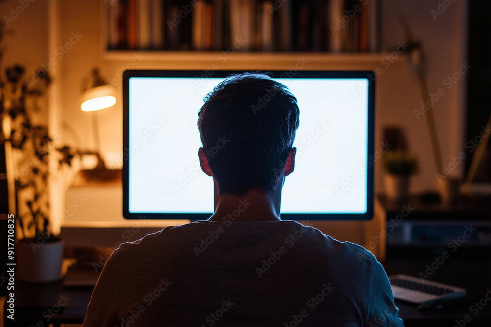 Aufkleber man is sitting in front of a computer monitor with a blank screen. the room is dimly lit, and there 