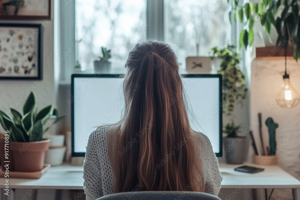 Poster woman is sitting in front of a computer monitor with a blank screen.