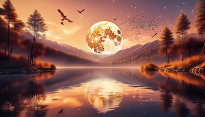 満月、湖、夕暮れ、飛び立つ鳥たち、シルエット、月光の反射、静寂の水面、自然の風景、幻想的