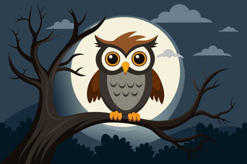 A cute owl perched on a spooky tree branch vector illustration