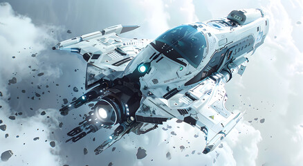 A detailed 3D rendering of a futuristic spacecraft, showcasing advanced design and technology. The ship features sleek lines, intricate mechanical components, and glowing accents.