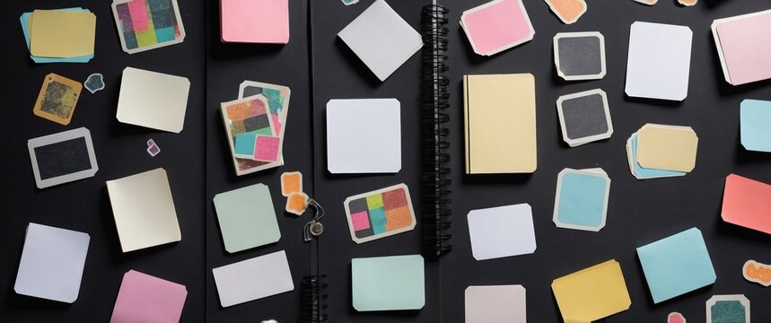 A vibrant notebook covered in colorful stickers against a sleek black background
