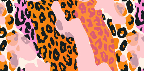 Abstract pattern with leopard print and pink and orange spots perfect for fashion prints textiles wallpapers and more